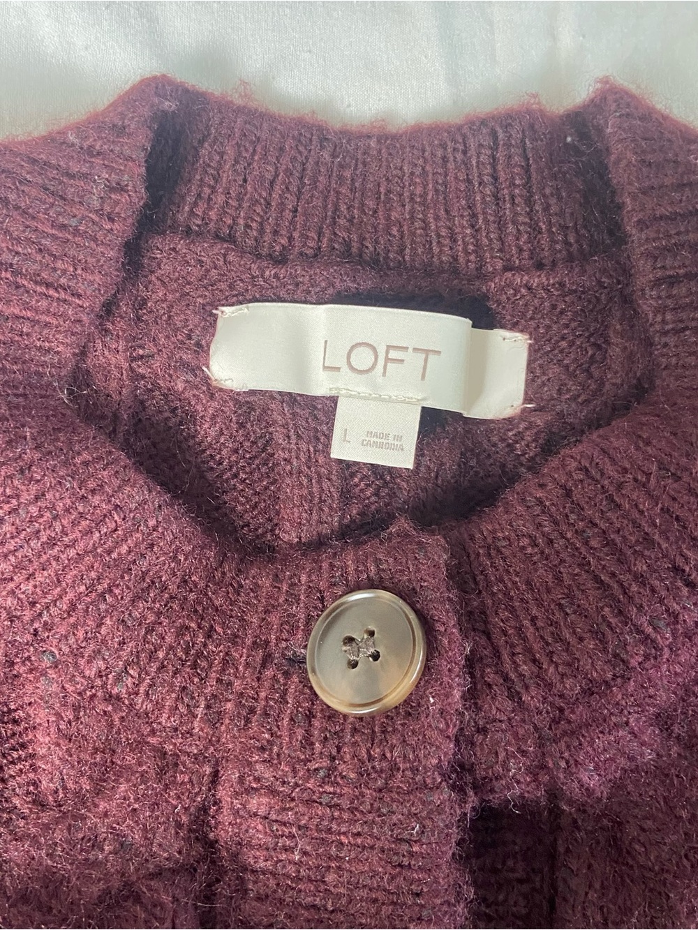 LOFT Cable-Knit Button Cardigan in Deep Burgundy - Picture 6 of 7